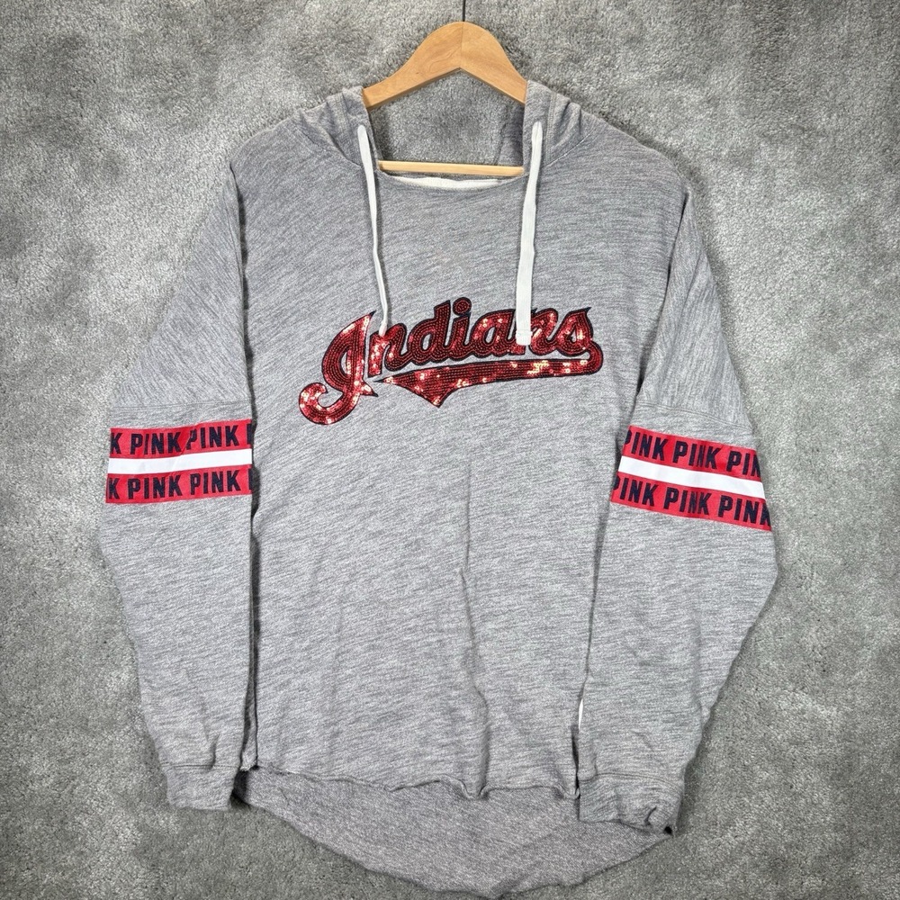Victoria's Secret PINK Cleveland Indians Hoodie Sweatshirt Womens M Gray Sequin
